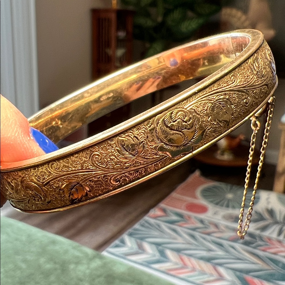 Antique Victorian Rose Ornate Etched 14k Gold Filled Hinged Bangle Bracelet